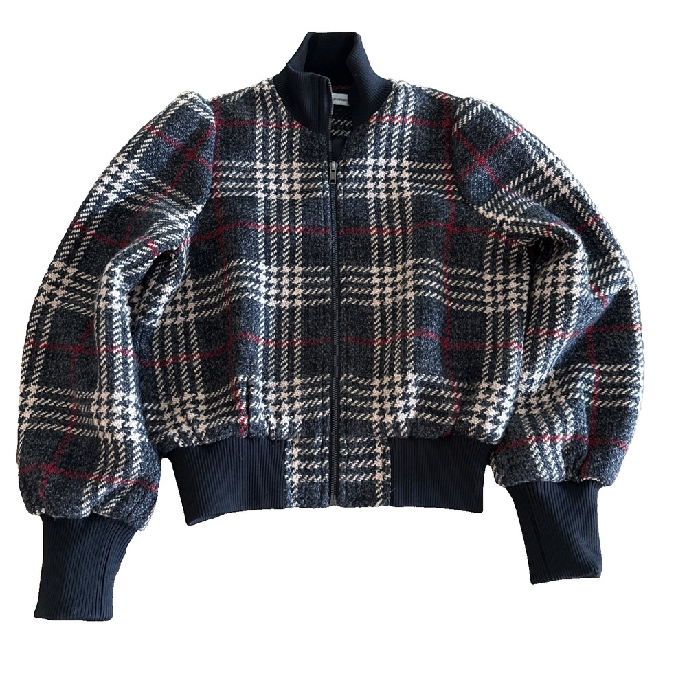 Express x Negin Mersalehi Brown Cream plaid cropped wool blend bomber jacket XS